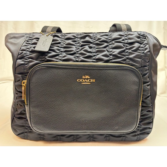 Coach Handbags - Coach Court Tote Black Ruched Quilted Nylon Pebble Leather Gold Hardware Bag